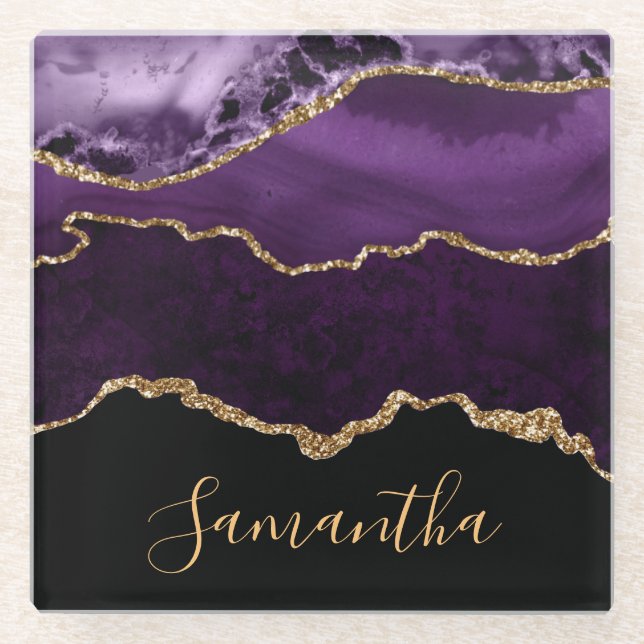 Elegant Purple and Faux Gold Glitter Marble Agate Glass Coaster (Front)
