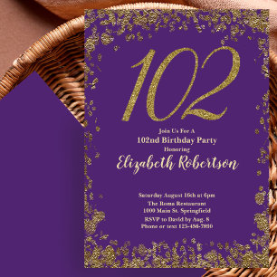Elegant Purple and Gold 102nd Birthday Invitation