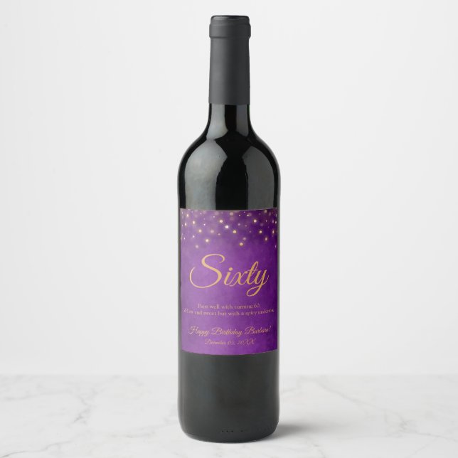 Elegant Purple and Gold 60th Birthday Wine Label (Front)