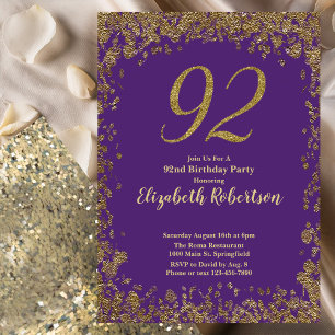 Elegant Purple and Gold 92nd Birthday Invitation