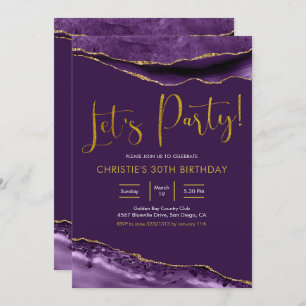 Elegant Purple and Gold Agate Let's Party Invitation