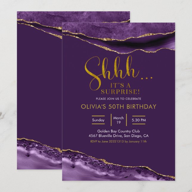 Elegant Purple and Gold Agate Surprise Birthday Invitation (Front/Back)