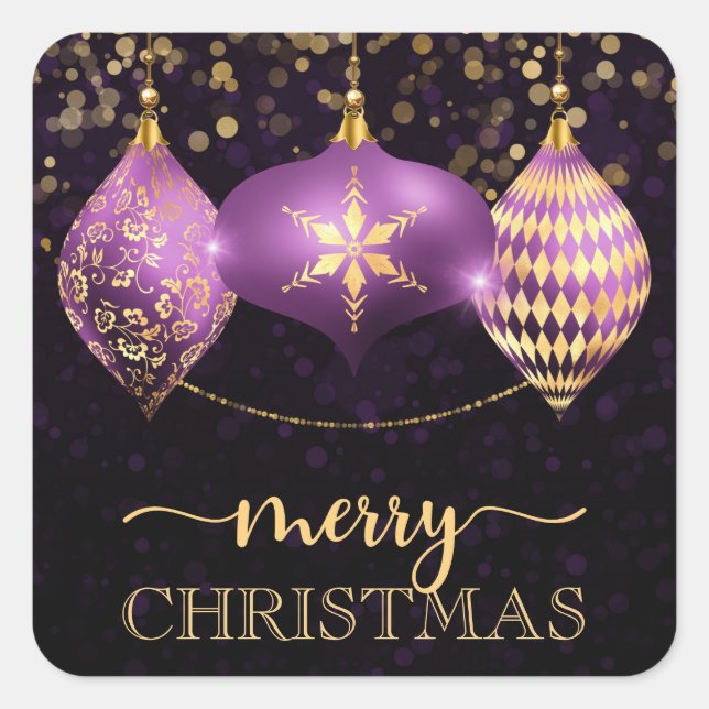 Elegant Purple and Gold Bauble Merry Christmas Square Sticker (Front)
