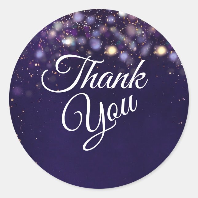 Elegant Purple and Gold Bokeh Lights Thank You Classic Round Sticker (Front)