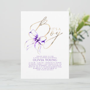 Elegant Purple and Gold Bow Boy Baby Shower Invitation