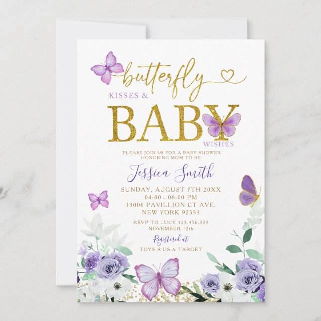 Elegant Purple and Gold Butterfly Baby Shower Invitation (Front)