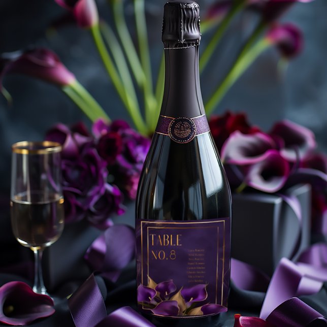 Elegant Purple and Gold Calla Lily Wedding  Sparkling Wine Label (Elegant Wine Label Table Number )