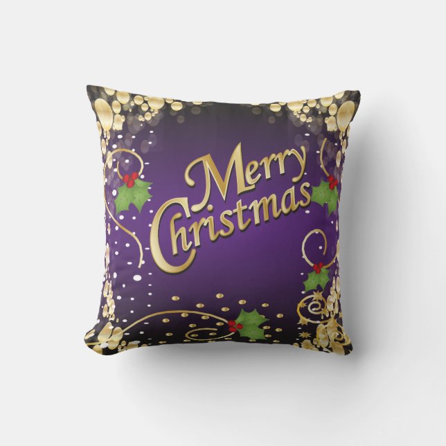 Elegant Purple and Gold Christmas Cushion (Front)
