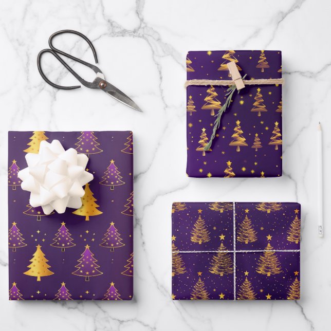 Elegant Purple and Gold Christmas Tree  Wrapping Paper Sheet (Front)