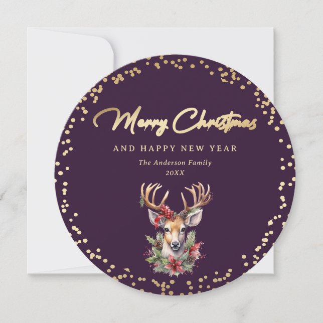 Elegant Purple and Gold Deer Merry Christmas Holiday Card (Front)