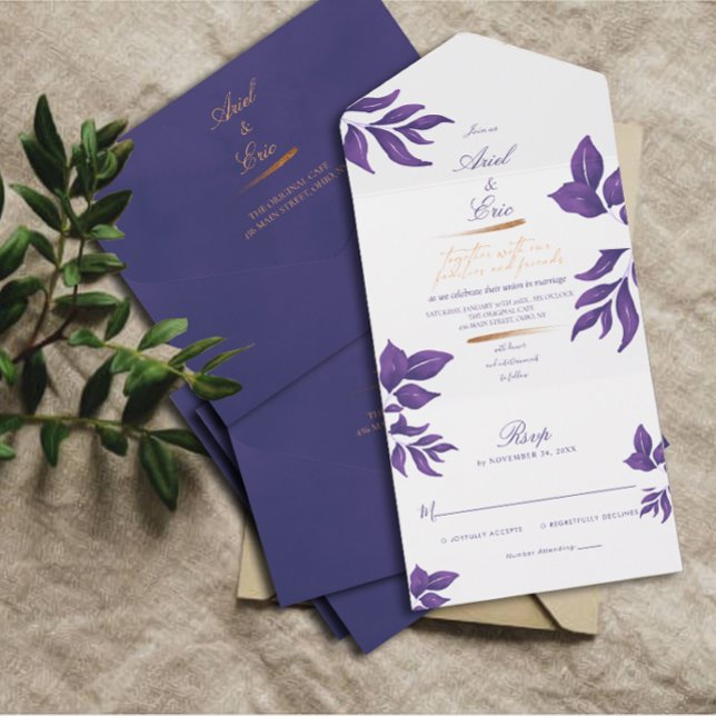 Elegant Purple and Gold Eucalyptus Wedding All In One Invitation (Creator Uploaded)