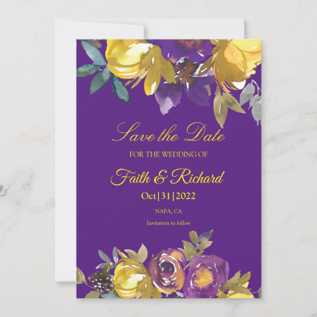 Elegant Purple and Gold Fall Wedding Save the Date (Front)