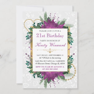 Elegant Purple and Gold Floral 21st Birthday Invitation