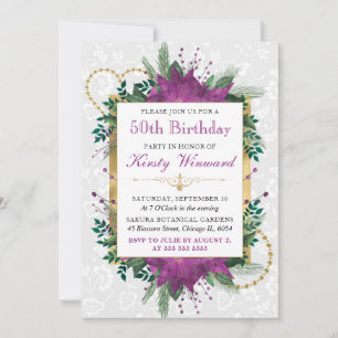 Elegant Purple and Gold Floral 50th Birthday Invitation