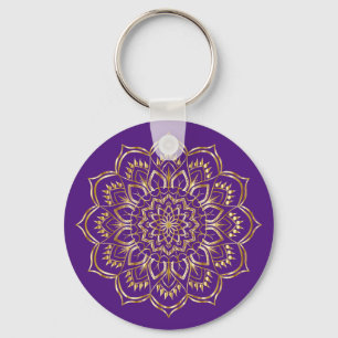 Elegant Purple and Gold Floral Mandala Pattern Key Ring