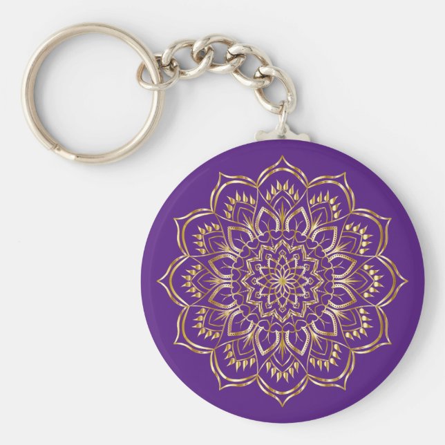 Elegant Purple and Gold Floral Mandala Pattern Key Ring (Front)