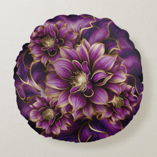 Elegant Purple and Gold Floral Pattern Round Cushion