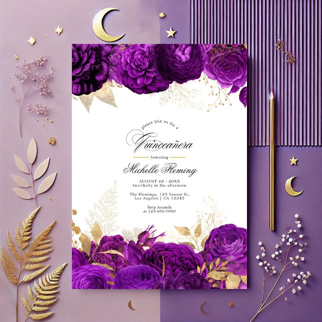 Elegant Purple and Gold Floral Quinceañera Invitation (Elegant Purple and Gold Floral Quinceañera Invitation)