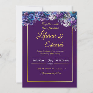 Elegant Purple and Gold Floral Wedding Invitation