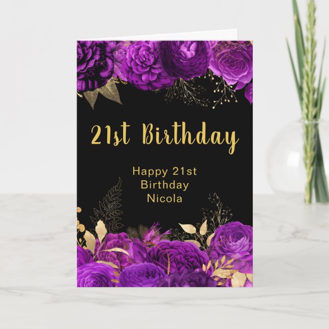Elegant Purple and Gold Flowers Birthday Card (Front)