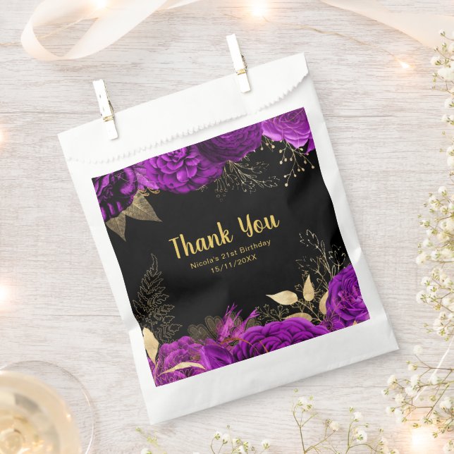 Elegant Purple and Gold Flowers Birthday Party Favour Bag (Clipped)