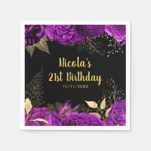 Elegant Purple and Gold Flowers Birthday Party Napkin