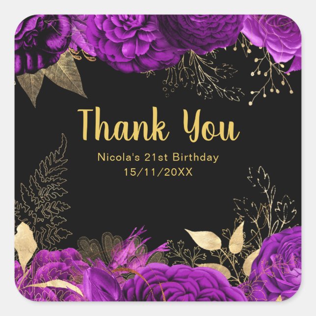 Elegant Purple and Gold Flowers Birthday Party Square Sticker (Front)