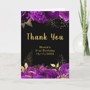 Elegant Purple and Gold Flowers Birthday Party Thank You Card