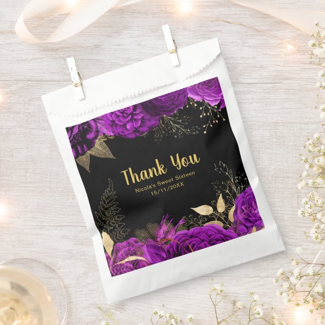 Elegant Purple and Gold Flowers Sweet Sixteen  Favour Bag (Clipped)