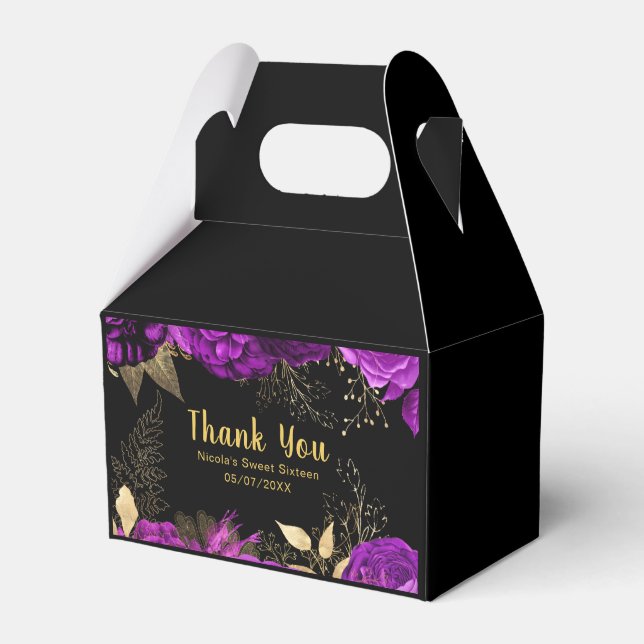 Elegant Purple and Gold Flowers Sweet Sixteen  Favour Box (Front Side)