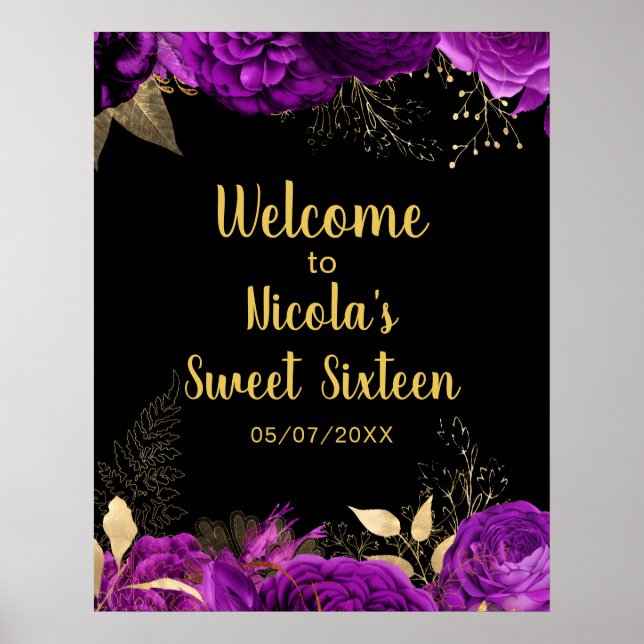 Elegant Purple and Gold Flowers Sweet Sixteen  Poster (Front)