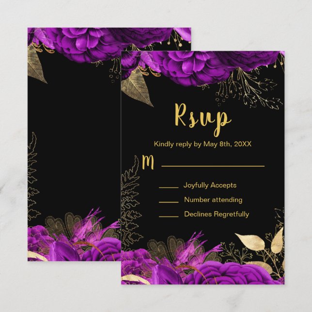Elegant Purple and Gold Flowers Sweet Sixteen RSVP Card (Front/Back)