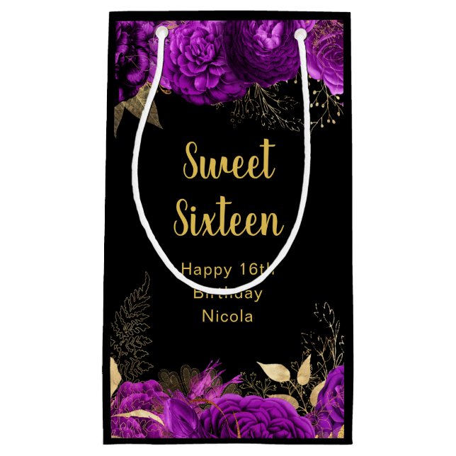 Elegant Purple and Gold Flowers Sweet Sixteen  Small Gift Bag (Front)