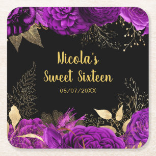 Elegant Purple and Gold Flowers Sweet Sixteen Square Paper Coaster