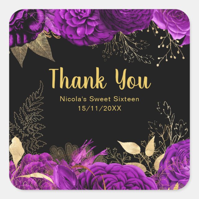 Elegant Purple and Gold Flowers Sweet Sixteen  Square Sticker (Front)