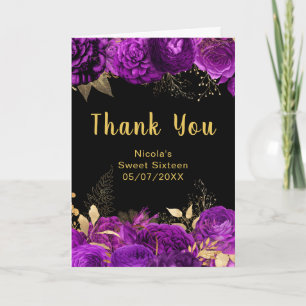 Elegant Purple and Gold Flowers Sweet Sixteen Thank You Card