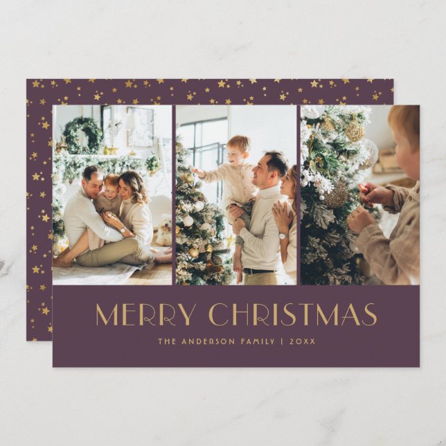 Elegant Purple and Gold Foil Stars Photo Christmas Holiday Card (Front/Back)
