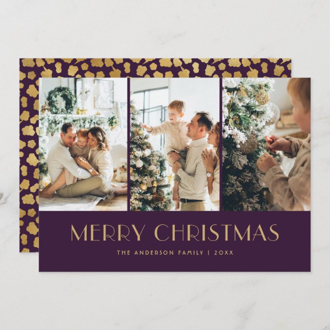 Elegant Purple and Gold Foil Stars Photo Christmas Holiday Card (Front/Back)