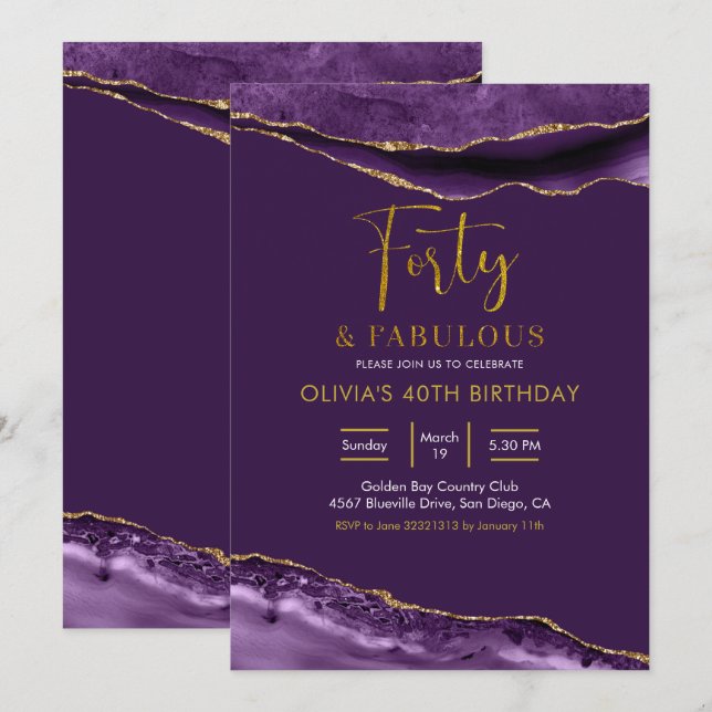 Elegant Purple and Gold Forty and Fabulous Invitation (Front/Back)