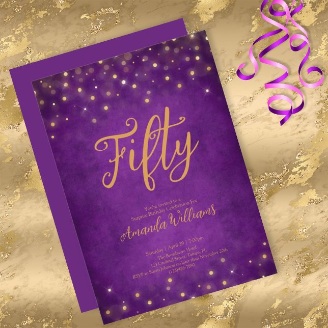 Elegant Purple and Gold Glam 50th Birthday Invitation (Creator Uploaded)