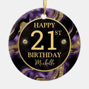 Elegant Purple and Gold Glitter Agate Birthday Ceramic Ornament