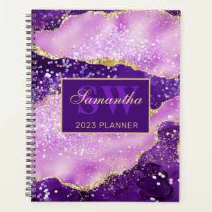 Elegant Purple and Gold Glitter Agate Monogram Planner