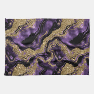 Elegant Purple and Gold Glitter Agate Pattern Tea Towel