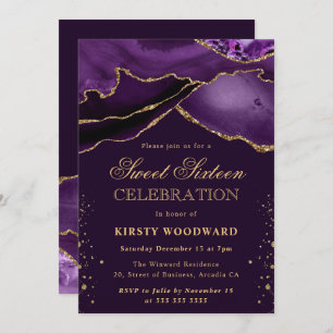 Elegant Purple and Gold Glitter Agate Sweet 16 Invitation