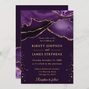 Elegant Purple and Gold Glitter Agate Wedding Invitation