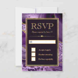 Elegant Purple and Gold Glitter Agate Wedding RSVP Card