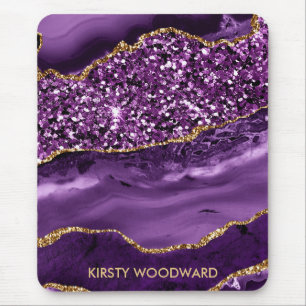Elegant Purple and Gold Glitter Ocean Agate Mouse Pad