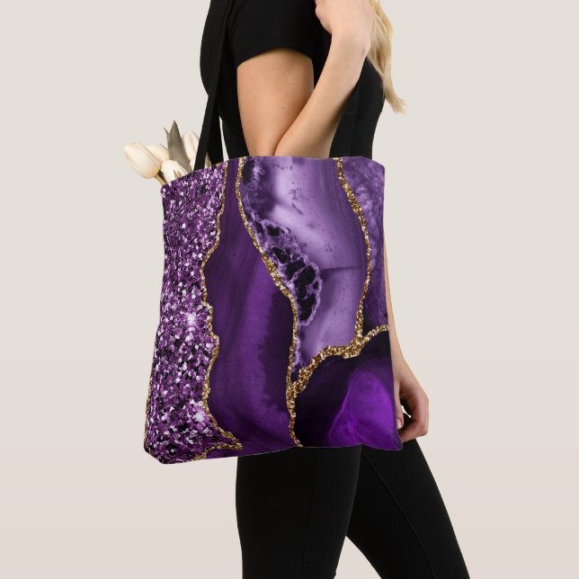 Elegant Purple and Gold Glitter Ocean Agate Tote Bag (Close Up)