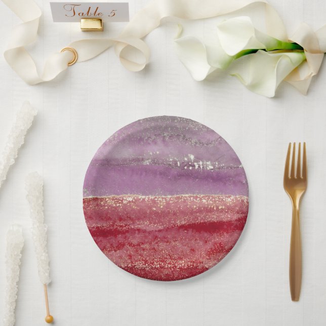 Elegant purple and gold glitter paper plate (Wedding)