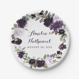 Elegant Purple and Gold Green Leaf Floral Wedding Paper Plate
